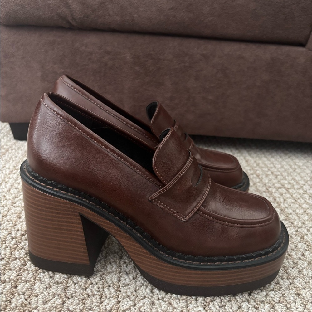 Women's Brown Platform Loafers - Classic Chunky Heel